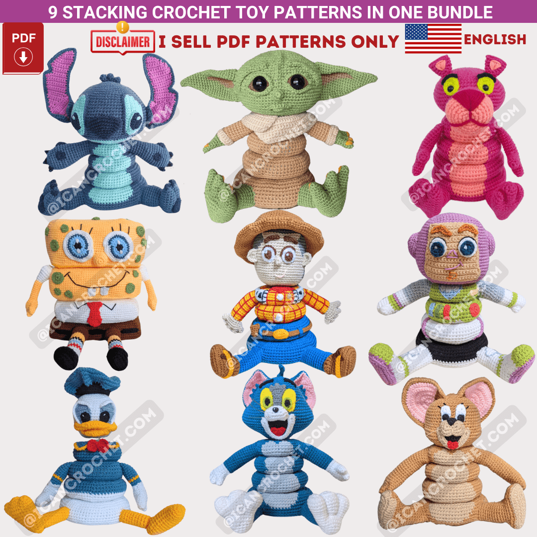 Cartoon Stacking Crochet Toys Bundle : 9 ENGLISH PDF PATTERNS (READ DESCRIPTION)