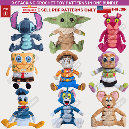 Cartoon Stacking Crochet Toys Bundle : 9 ENGLISH PDF PATTERNS (READ DESCRIPTION)