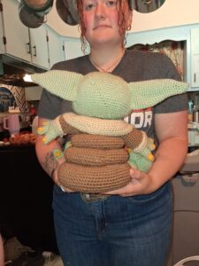 Crochet stacking toy made from an ICANCROCHET amigurumi crochet pattern, photographed by Angela